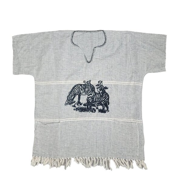 Handwoven Poncho With Zebra Print boho Style Fringe Hem Lightweight Cotton Blend - Picture 1 of 9